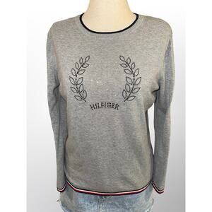 Women’s Tommy Hilfiger Gray Embellished Logo Sweater Size Large Cotton Crewneck